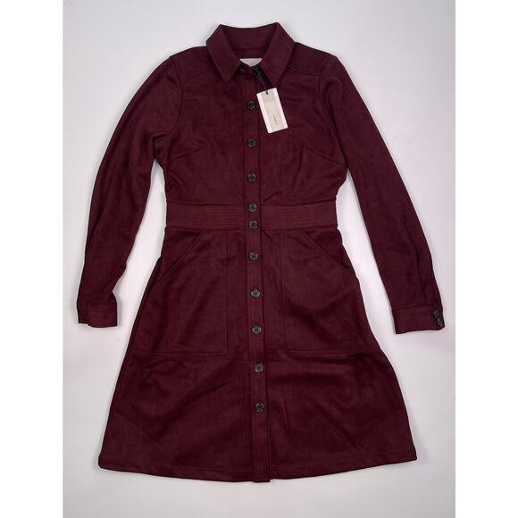 NWT A Loves A Burgundy Faux Suede Button Front Long Sleeve Dress Size M - Picture 6 of 11